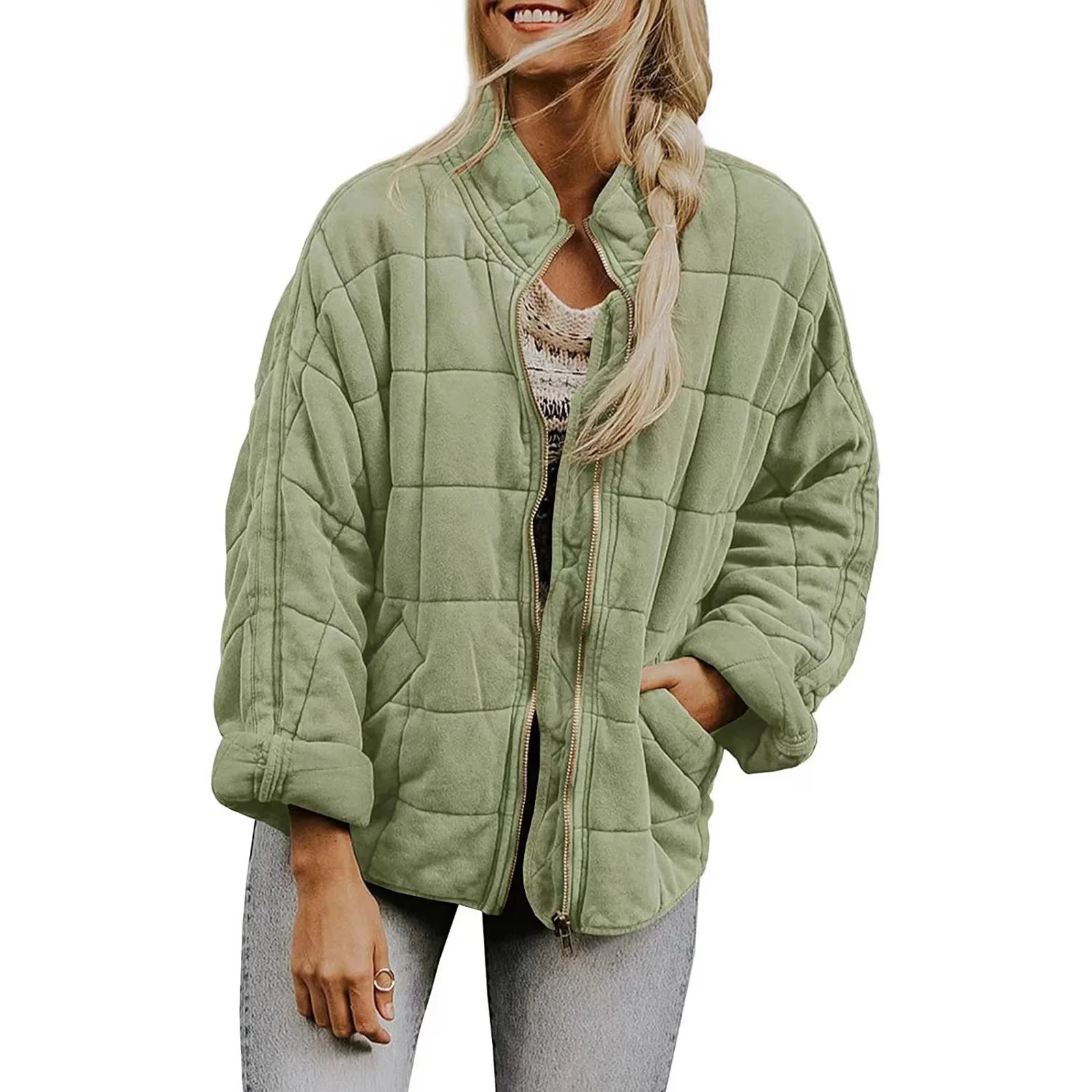 Chaqueta acolchada con cuello levantado para mujer, abrigo cálido, chaqueta holgada ligera con cremallera y bolsillos, Tops Casaul para Otoño e Invierno