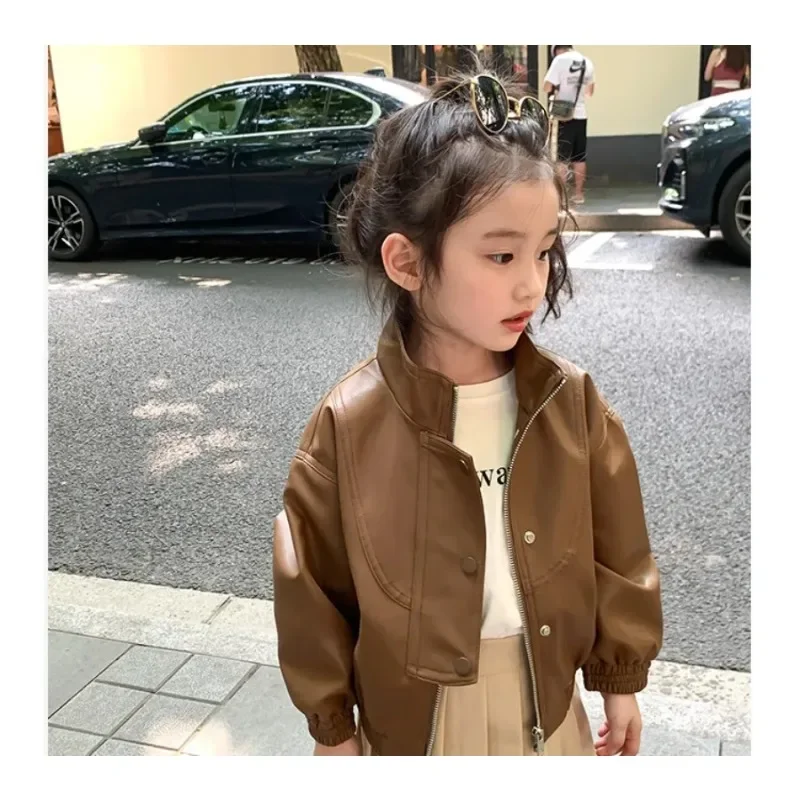 

Coats Girls Coffee Leather Autumn Season New Childrens Clothing Jacket Cardigan Button Outerwear Soild Pleated Cool