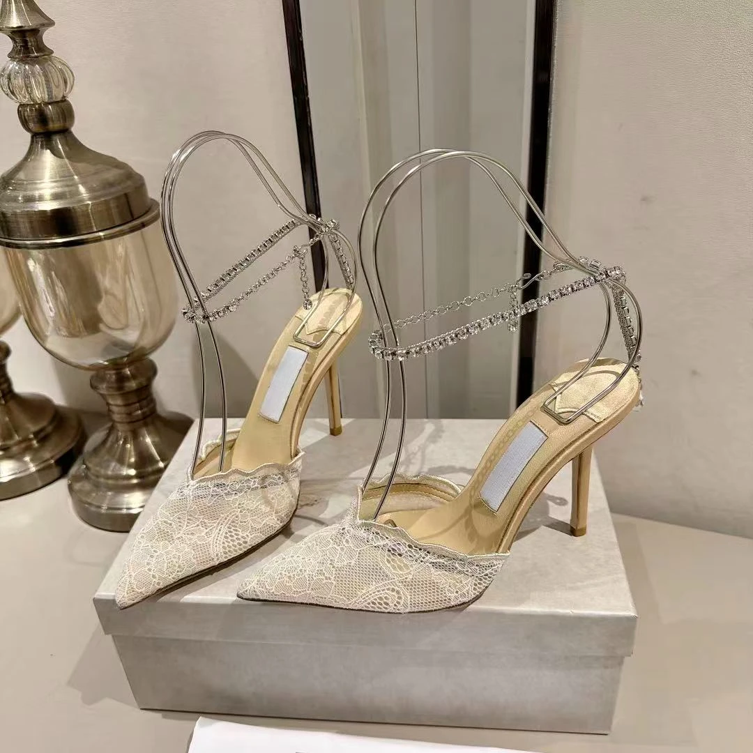 Elegant Fengshui Drill Chain Beaded Head Sandal for Women  Spring/Summer New Style Sexy Black Lace Pointed Toe High Heel Shoes