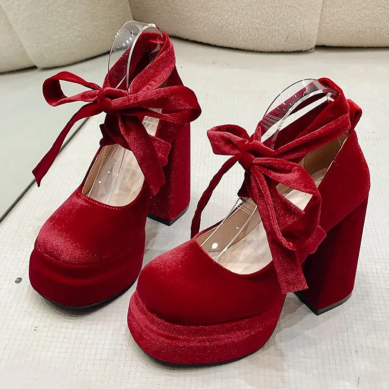 Lolita Shoes Women Heels Round Toe Super-high Mary Janes Chunky Heels Platform Elegant Trend High Quality Fashion Pink