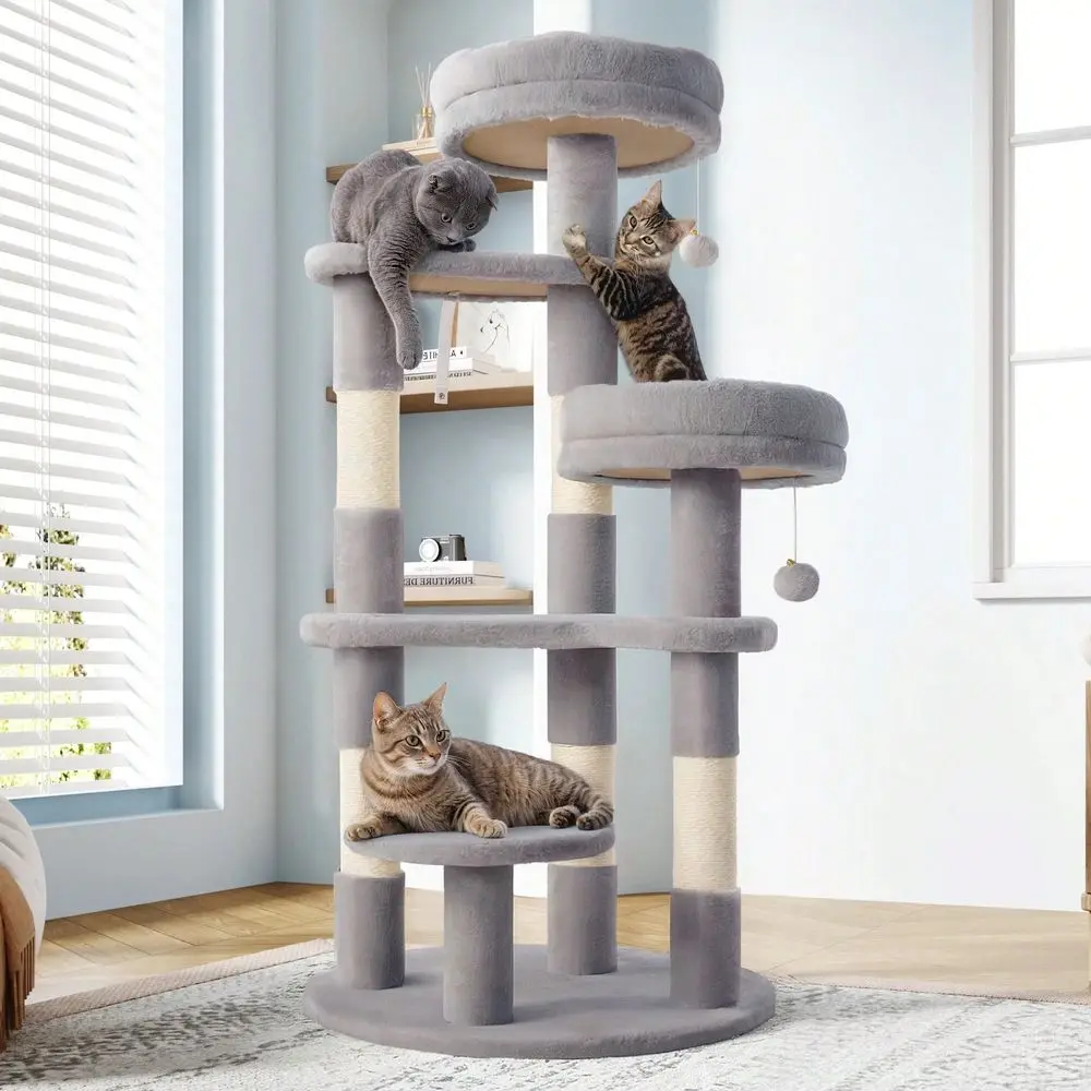 

55.5 In Cat Tree For Indoor Kitties, Soft Plush Perches, MultiLevel Cat Tower, Sisal ching Posts, Crescent Plates, Round J