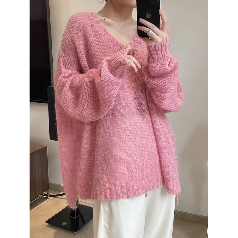 Spring Autumn Solid V Neck Long Sleeve Women Sweater Korean Fashion Lazy Style Casual Harajuku Loose Oversized Knitted Clothing