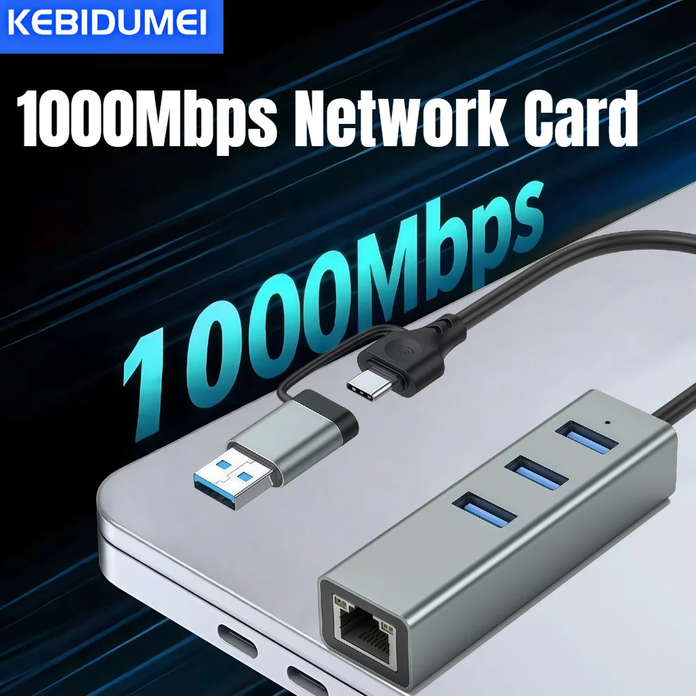 1000Mbps USB 3.0 Type-C إلى RJ45 بطاقة الشبكة 2 في 1 محول سلكي جيجابت محول Lan Hub لأجهزة الكمبيوتر المحمول لنظام التشغيل Windows 8.1/10/11