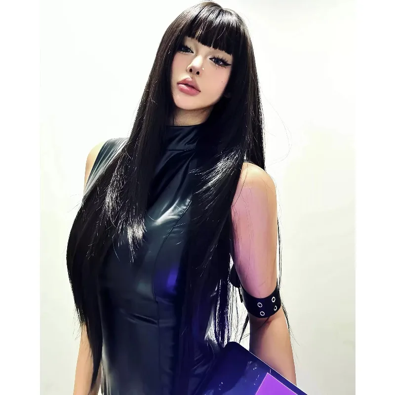 Dark Tea Long Straight Layered Synthetic Wig 86cm with Bangs High Temperature Fiber Hair Wig for Daily Wear Cosplay Party
