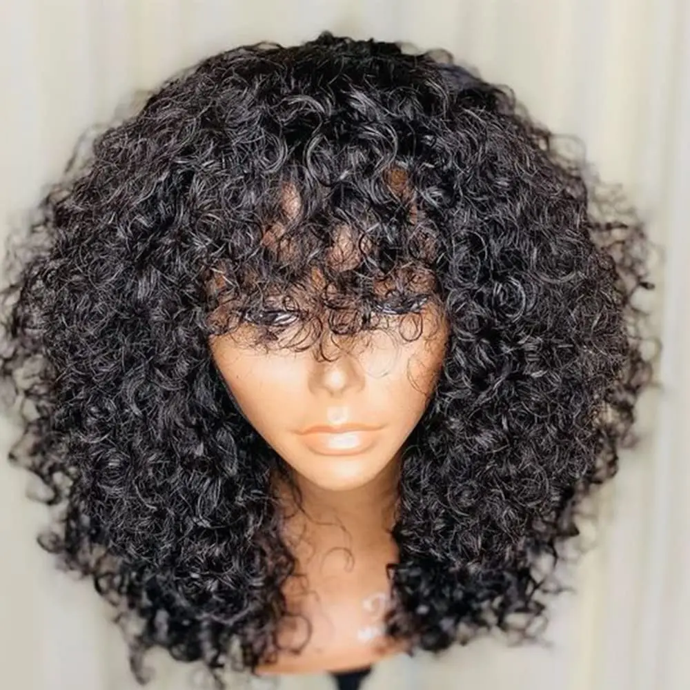 Short Bob Curly Human Hair Wigs With Bangs Wear And Go Glueless None Lace Front Human Hair Wigs For Black Women 180% Density