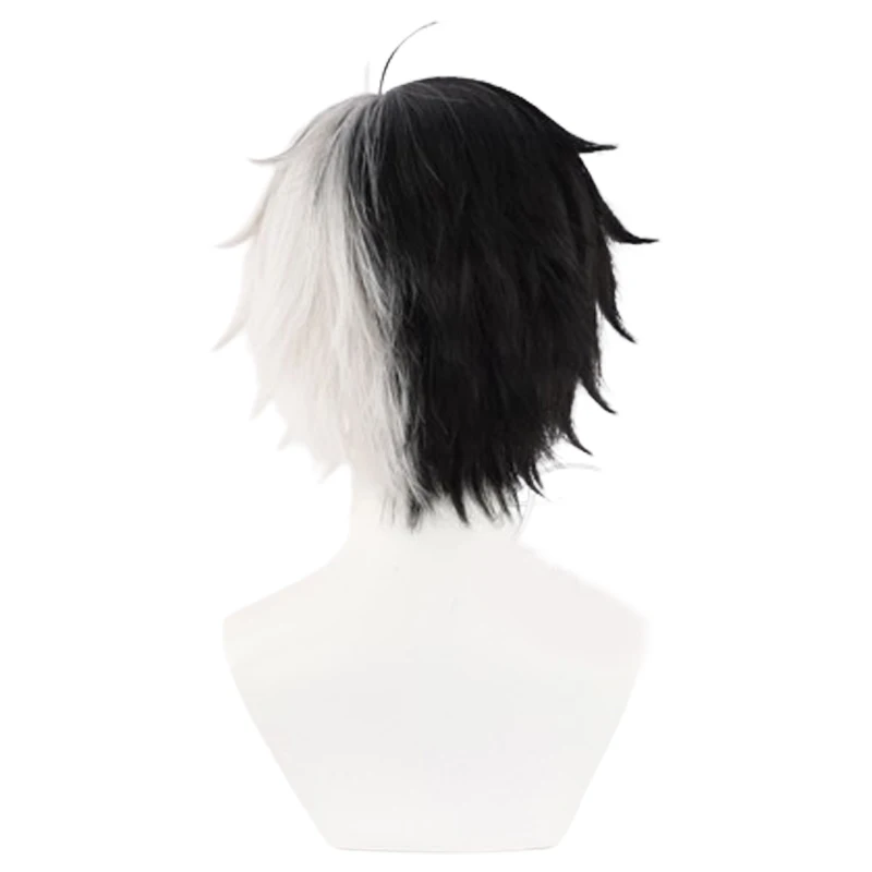 Haruka Sakura Cosplay Wig, L-email Wig, Cabelo Sintético, Curto Preto e Branco, Resistente ao Calor, Anime, 30cm