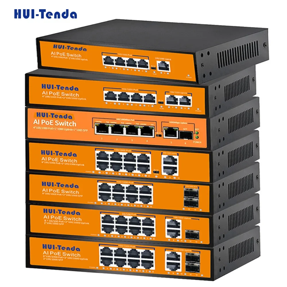 huitenda switch poe gigabit portas 100 1000mbps potencia integrada 65w 120w rj45 switches de rede para camera ip sem fio ap 01