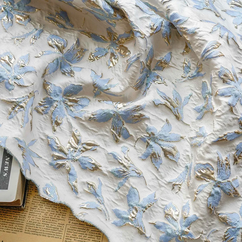 Light Blue Gold Embossed Flower Silk Damask Fabric Brocade Jacquard Fabrics Wedding Dress DIY Sewing Clothing Material By Meter