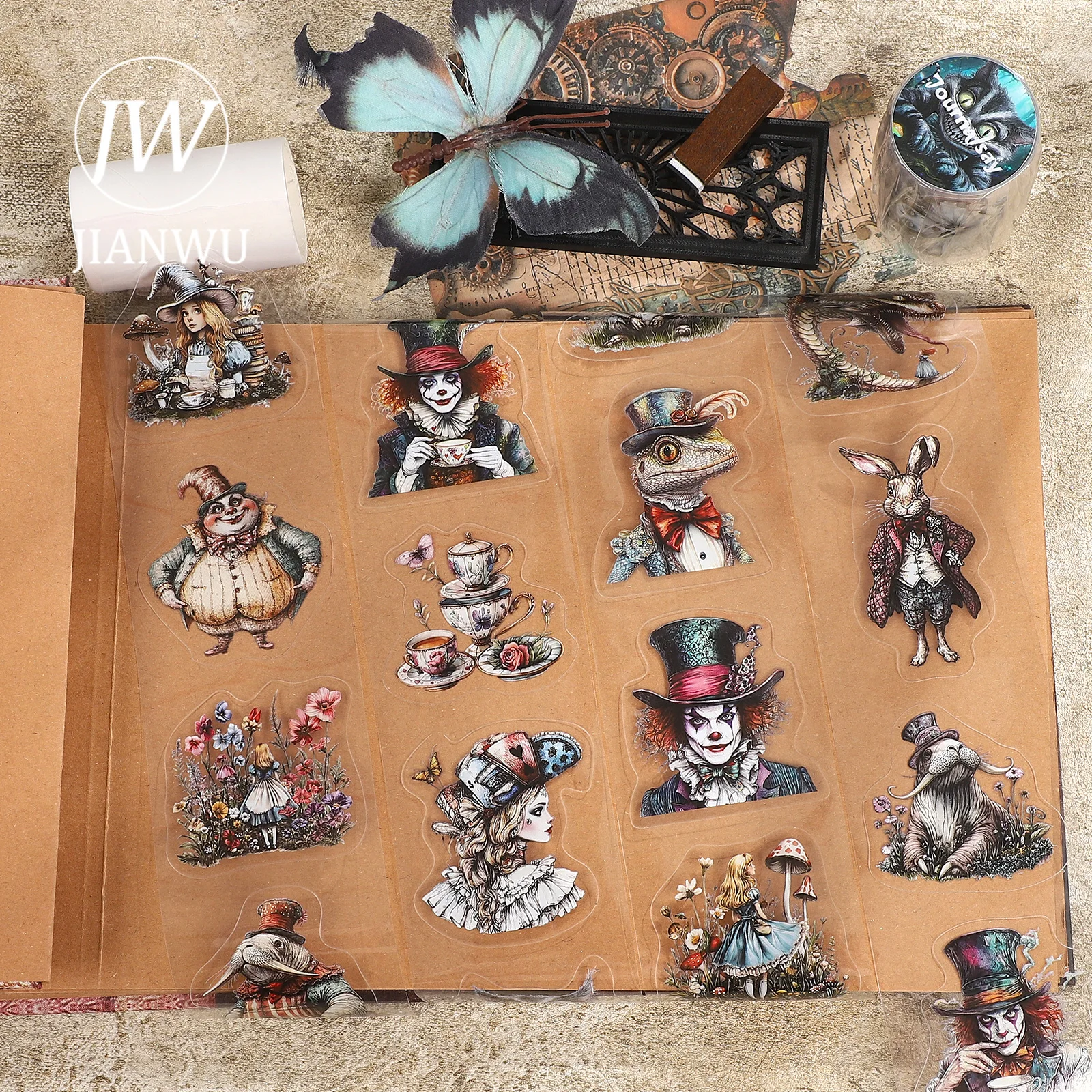 JIANWU 60mm*200cm Vintage Magische Alice-Welt Blumen-Charakter-Landschaft Material Collage PET-Klebeband Kreatives Journal-Schreibwaren-Set