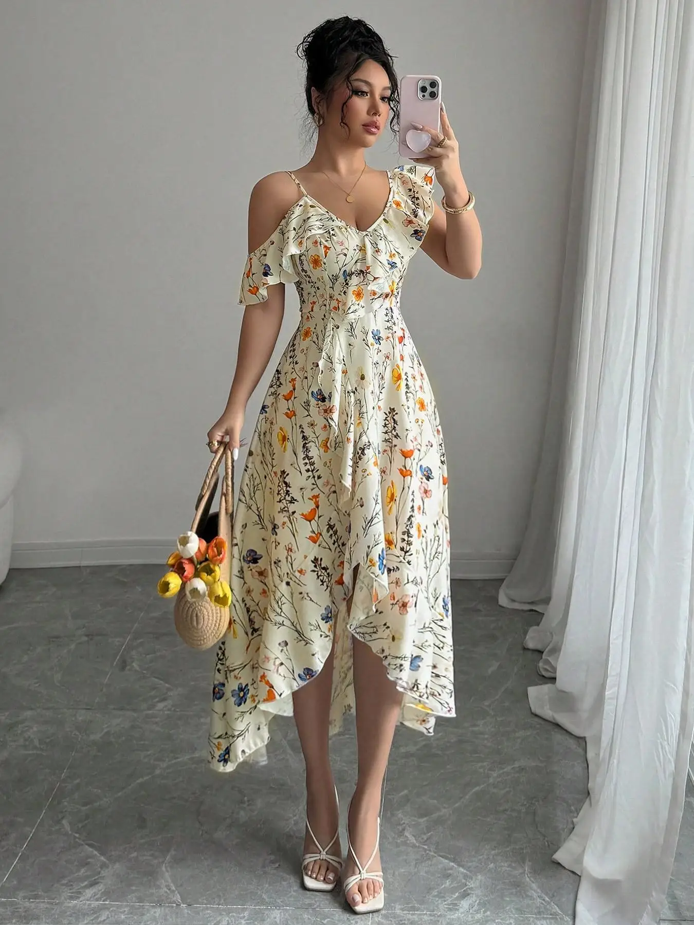 Women's Floral Print Dress, Irregular Design, Casual Fitted Style, Perfect for Vacation and Dates, Ladies Fashion Clothing