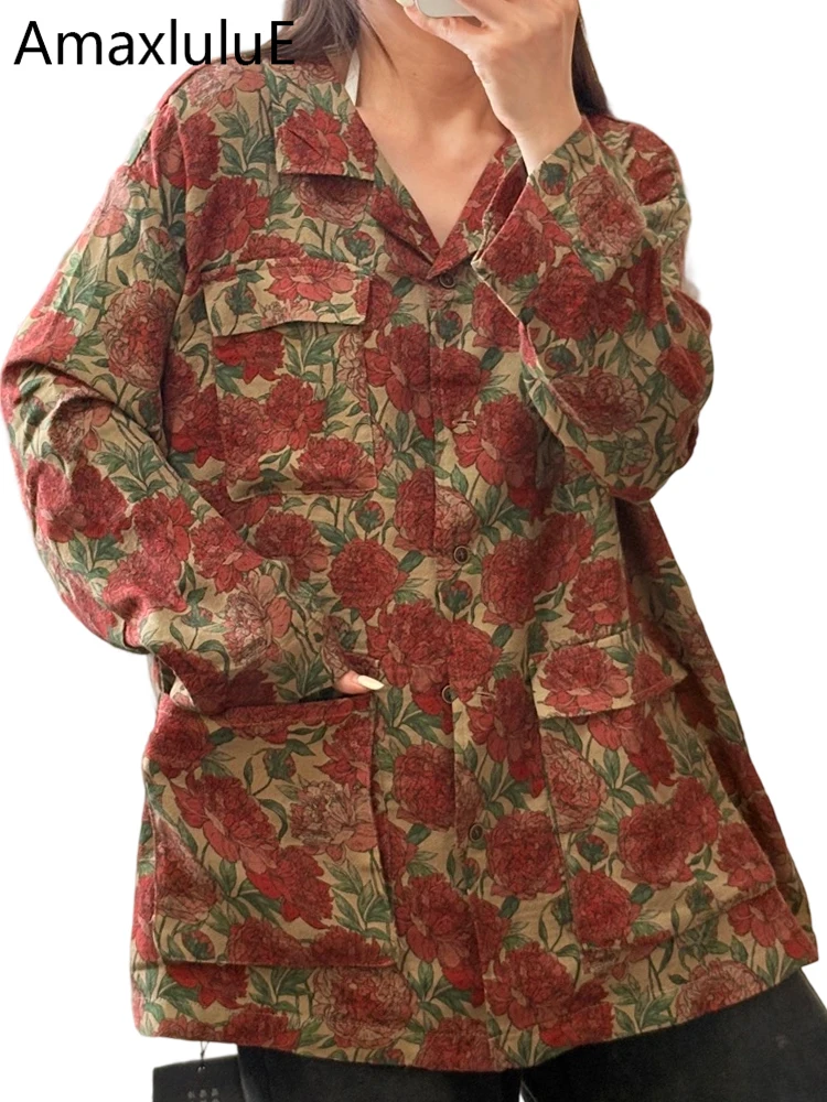 

Amax LuluE Brand 2025 Autumn Women Fashion Printed Oversized Jackets Female Loose Classic Floral Outerwear Vintage Elegant Coats