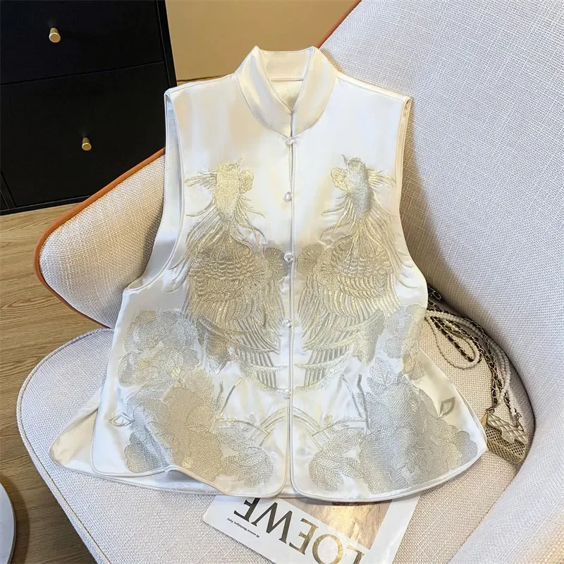 Vintage Chinese Style Vest Coat Buckle Embroidered Vest Women\'s Spring National Fashion Waistcoat Jacket Sleeveless Tops Female