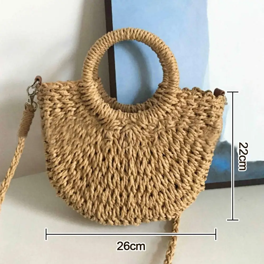 Big Capacity Handmade Bags Straw Moon shaped Wrapped Beach Bag Top Handle Handbags Ladies