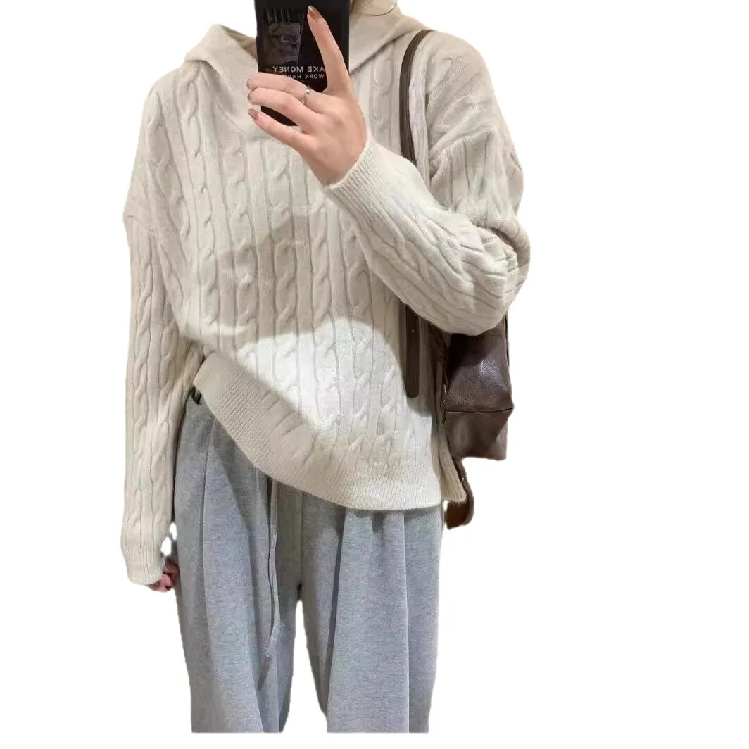 women sweater 2025 Autumn Winter New Women's Cable Knit Hoodie Retro Lazy Loose Fit Soft Cozy Trendy Knit Sweater
