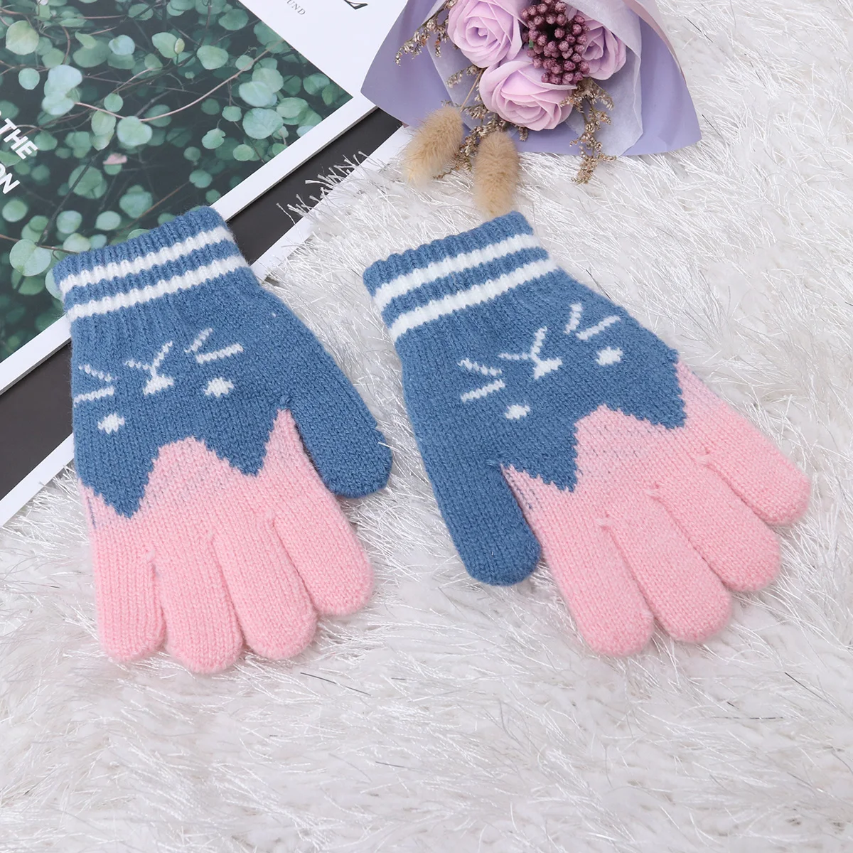 

Gloves Thermal Knitted Warm Winter Fashionable and Cute Wool Blue