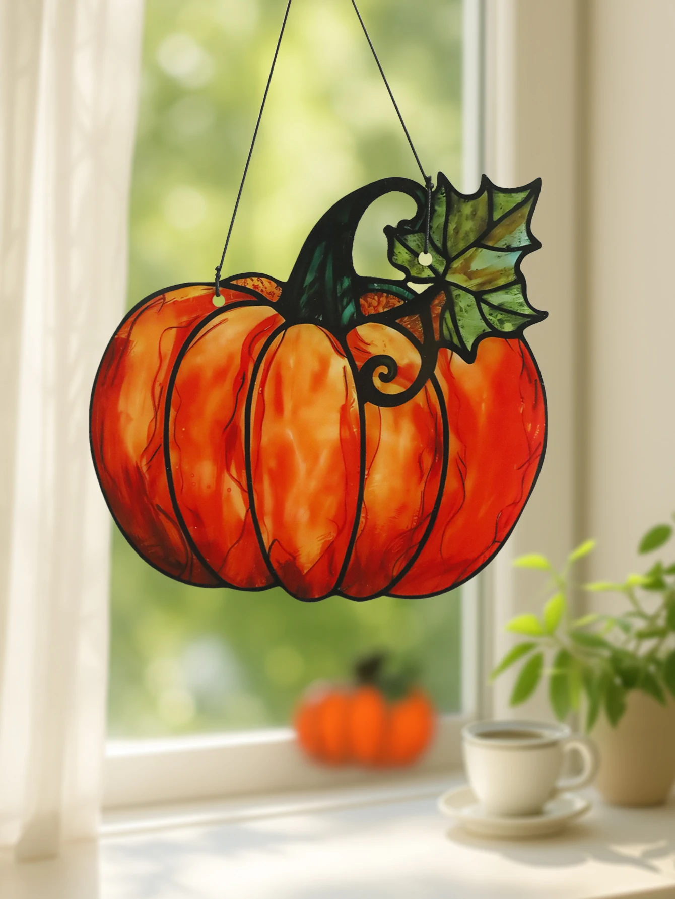 Halloween-Kürbis-Hängeornamente, Acryl-Sonnenfänger, süßer Kürbis mit Blatt-Design, Fenster-Anhänger, Wanddekoration für Zuhause, Geschenk