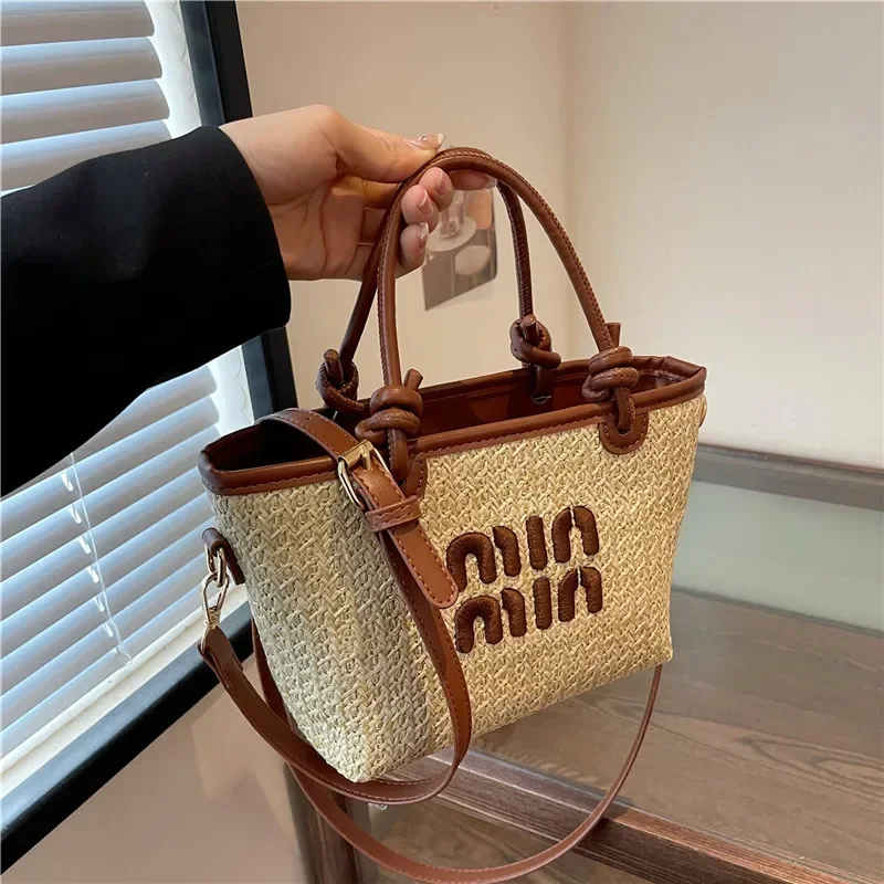 Bolsa de praia para mulheres, sacola de luxo, bolsa de ombro, crossbody, mensageiro, mão quadrada, bolsa de palha, designer, verão, frete grátis, 2024