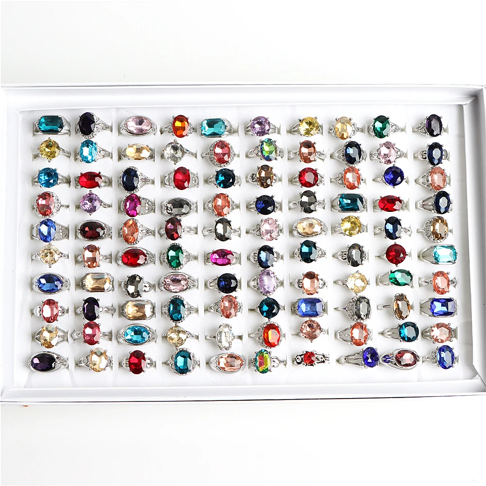 Wholesale 20/30/36/50/100Pcs/lot Fashion Glass Crystal Imitation Gemstone Rings For Women Mix Color Geometric Jewelry Party Gift