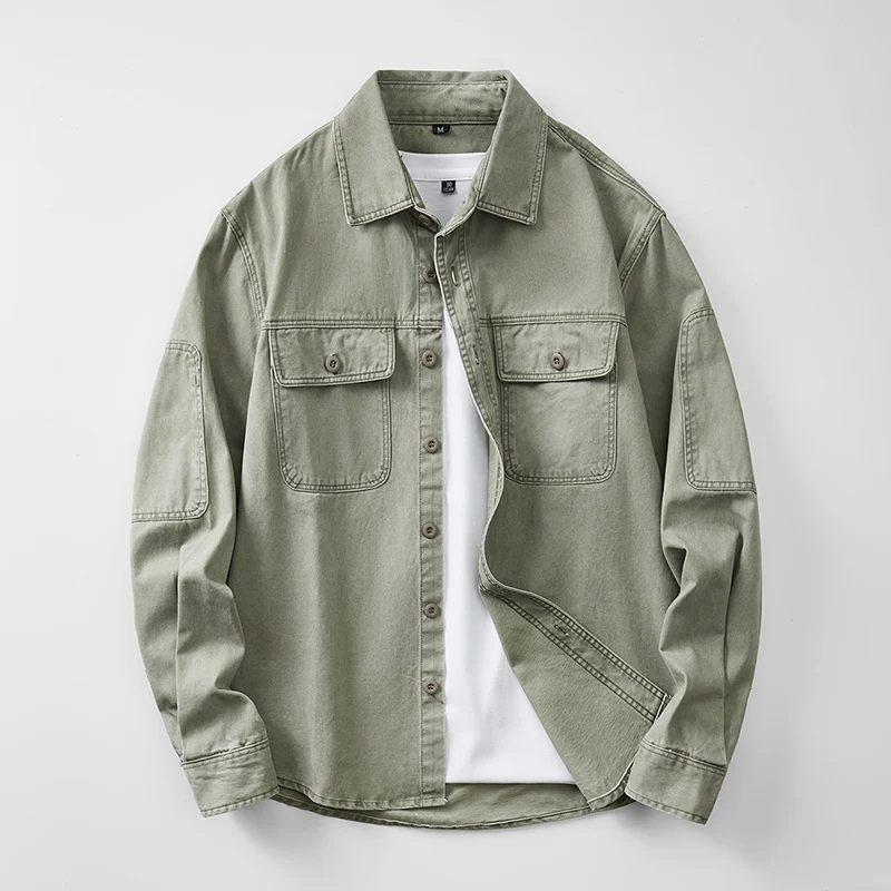 Men's Heavyweight Cotton Shirt Autumn Urban Casual Outerwear Breathable Long Sleeve Button-Up Work Shirt With Patch Pockets
