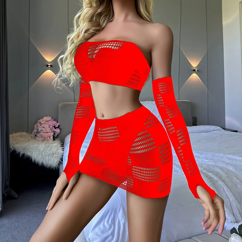 Female Lingerie Suit Sexy Long-Sleeved Hollow Fish Net Hip Skirt Exposed Breast Jacquard See-Through Ultrathin Bra & Skirts Sets
