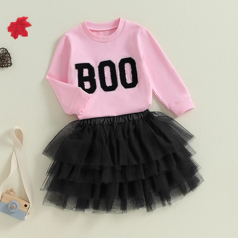 

Suefunskry Little Girl Halloween Outfit, Letter Embroidery Long Sleeve Sweatshirt Tops Elastic Waist Tulle Skirt Set