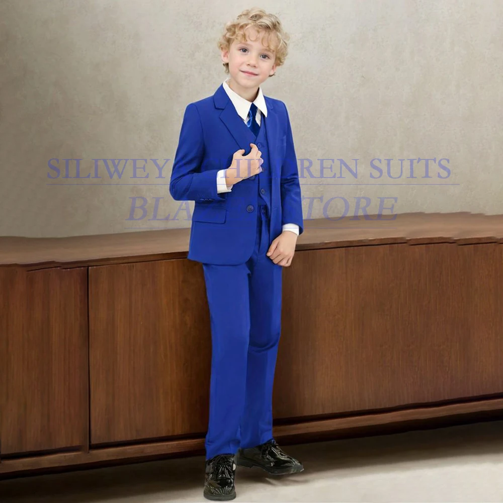

Fashion Wedding Children's Clothing Blue Single Breasted Notch Lapel Slim Fit 3 Piece Jacket Pants Vest Sets Elegant Boy's Suits