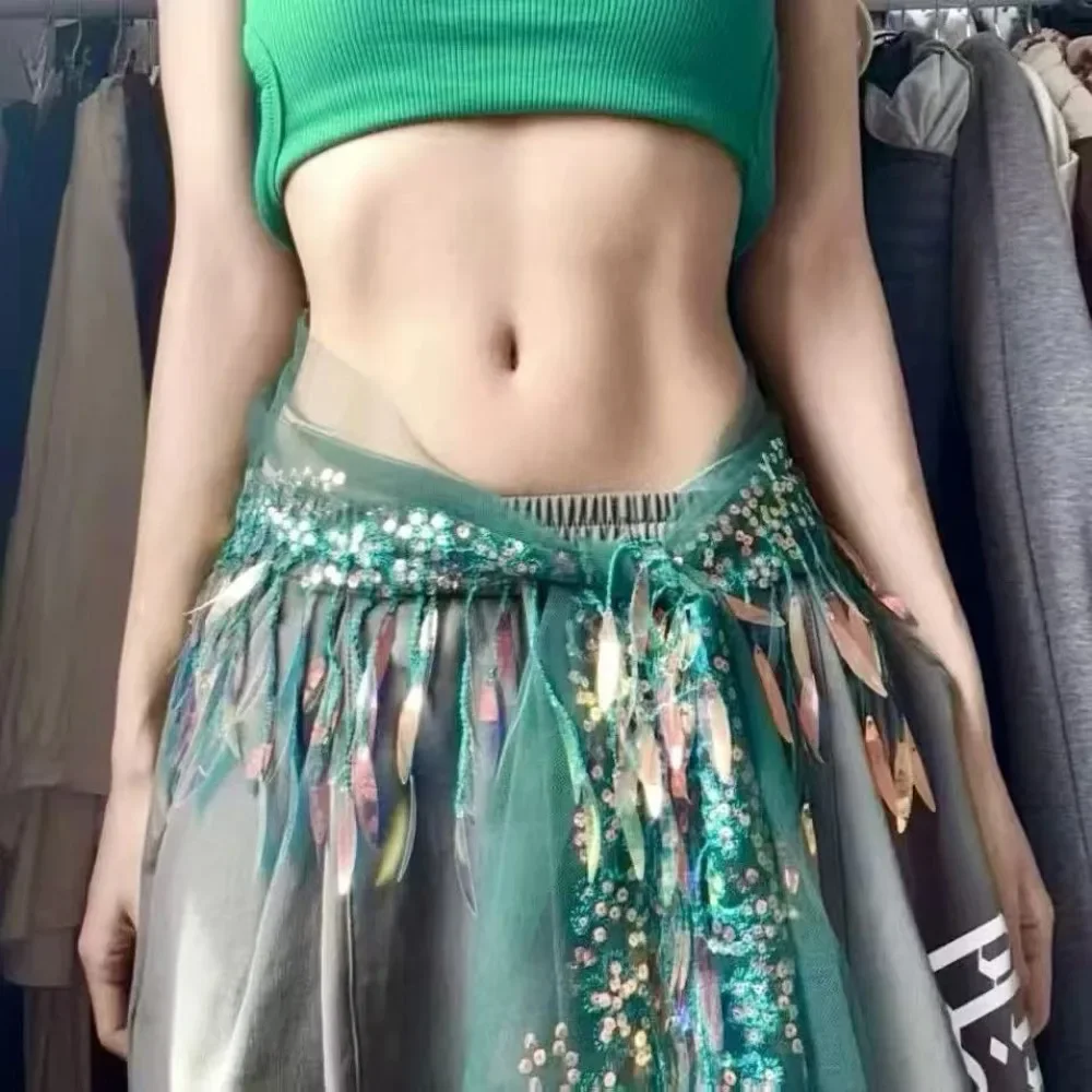 ผ้าคาดเอวเต้นรำแบบมีพู่ห้อย สำหรับเต้นสตรีทแดนซ์ ฮิปฮอป ใช้ได้หลากหลาย พร้อมตกแต่งด้วยคริสตัลวิบวับ