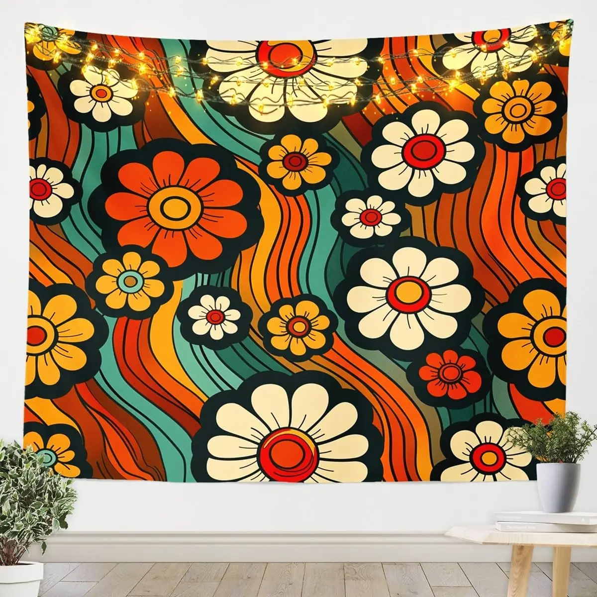 Groovy Flowers Tapestry,70s 80s Vintage Floral Hippie Psychedelic Wall Tapestry,Boho Exotic Wall Hanging for Apartment Farmhouse