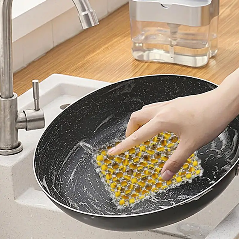 Stainless Steel Chain Mail Scrubber Multipurpose Kitchen Chain Mail Scrubber Cast Iron Cleaning Tool Metal Pan Scrubber For