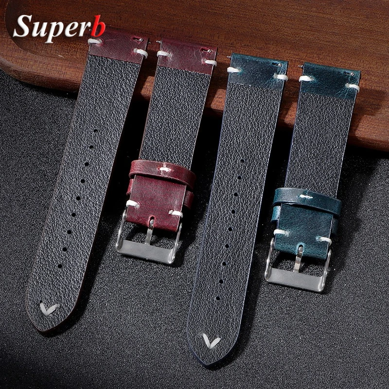 Ремешки для часов из натуральной кожи ручной работы в стиле ретро с масляным воском, быстросъемный ремешок для часов из телячьей кожи, 18 мм, 20 мм, 22 мм, аксессуары для часов
