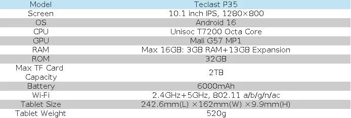 Teclast P35 10.1' Tablet Android 16 16(3+13)GB RAM+32GB ROM Support 2TB TF Expandable Lightweight 6000mAh Battery Tablets TDDI Full Lamination with Case Keyboard Stylus