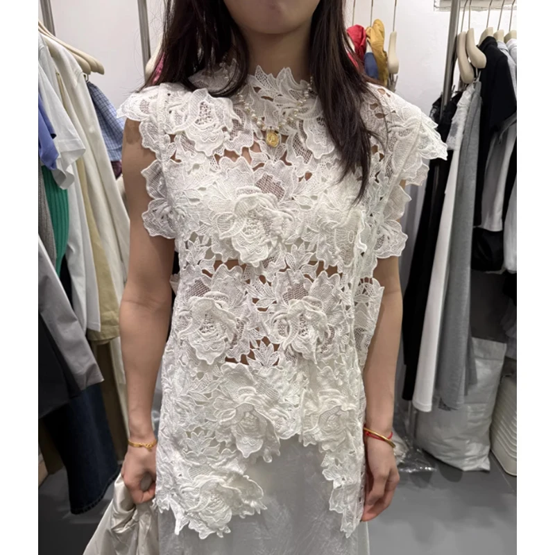 

Vintage Hook Flower Hollow Vest Shirt Round Neck Irregular Sleeveless Pullovers Knitted Tops Loose Casual Women Blouse