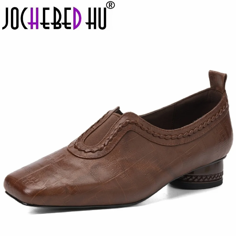 

【JOCHEBED HU】women's Handmade cow leather Square toe Mid high quality soft comfortable causal female daily shoes 34-40