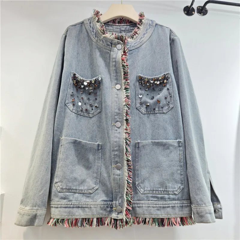 

SuperAen Fashion Tassel Diamond Patchwork Pocket Denim Coats for Women Loose European New Autumn 2025 Oversize Jackets