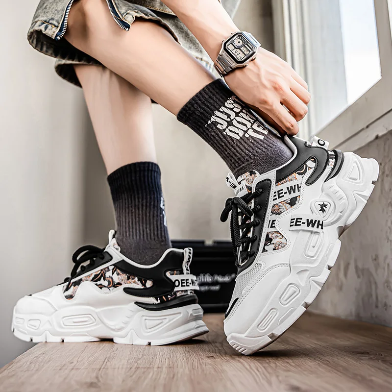 2025 Trendy Breathable Men's Sneakers Summer Thick Bottom Dad Shoes Casual Slip-On Synthetic Leather Rubber Outsole Comfortable