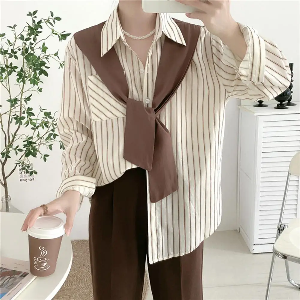 Autumn Maillard Style Fake Two-piece Women Shirt Brown Kintted Shawl Back Vertical Stripe Shirt Blouse French Style Women Shirt