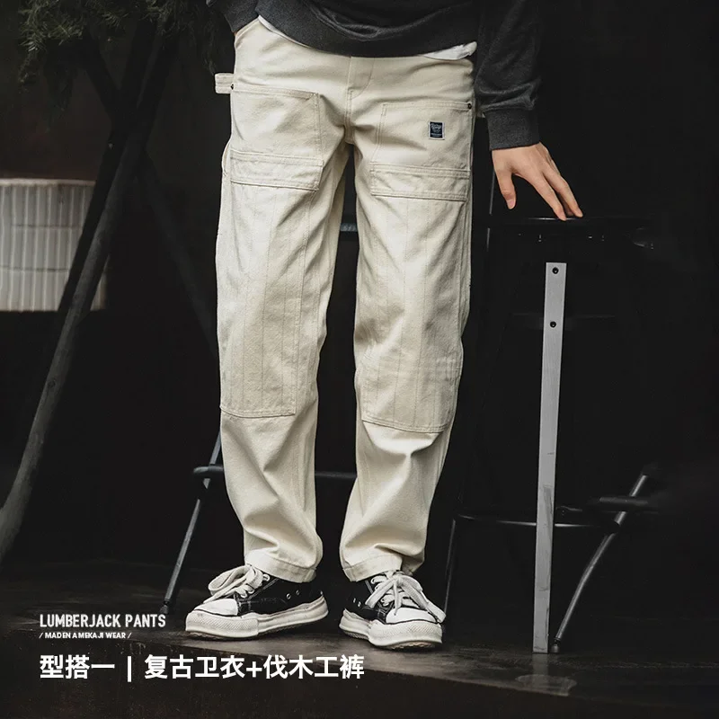 

Fashionable Men's Workwear, American Retro Distressed, Loose Off-white Jeans, Washed Straight-leg Multi-pocket Cargo Pants.