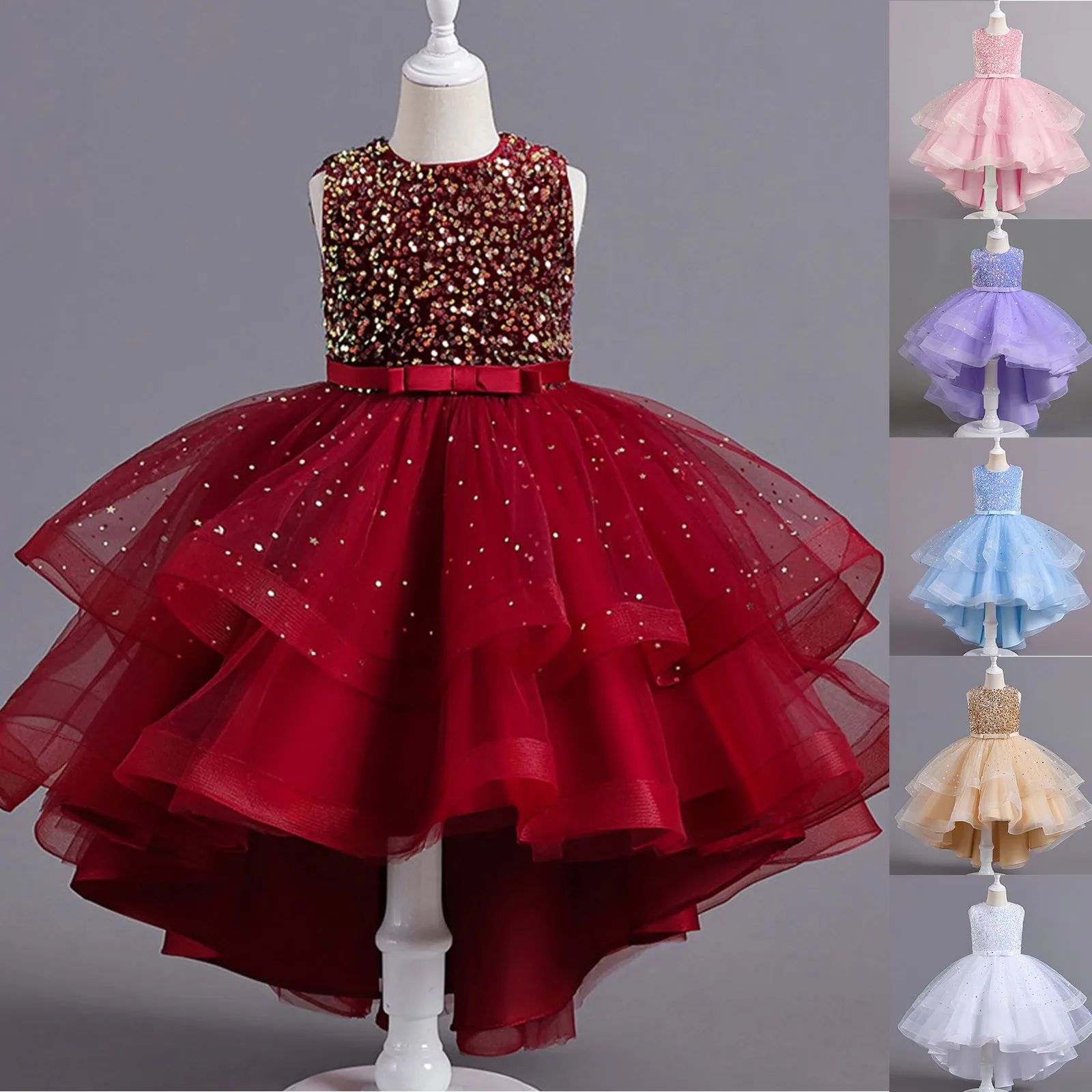 Girls Gown Sequin Princess Gown Bowknot Glitter Layered Gown Sparkle Party Gown Elegant Tulle Skirt Shiny Performance Skirt