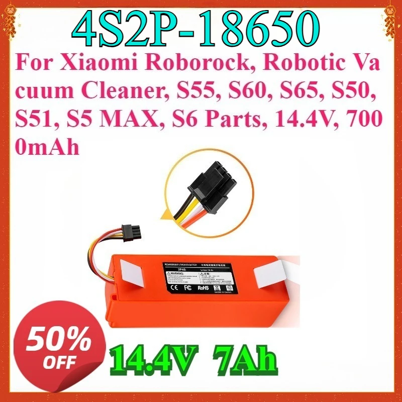 

Replacement Battery for Xiaomi Roborock, Robotic Vacuum Cleaner, S55, S60, S65, S50, S51, S5 MAX, S6 Parts, 14.4V, 7000mAh