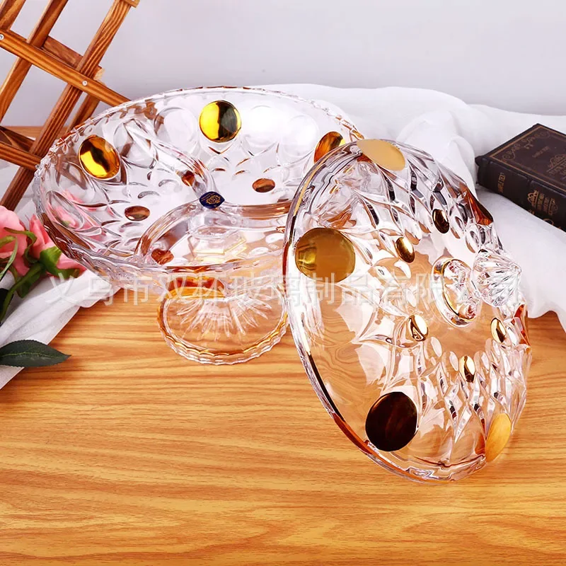 Luxury Crystal Glass Fruit Plate With Lid European Style High Footed Candy Dish Gold Rim Decorative Serving Tray For Dried