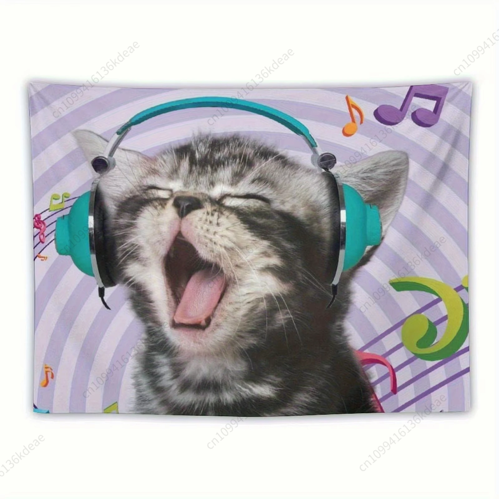

Funny Tapestry Whimsical Cat Listening Headphones Kitten Design Wall Tapestries Room Decoration Aesthetic Background Cloth Flags