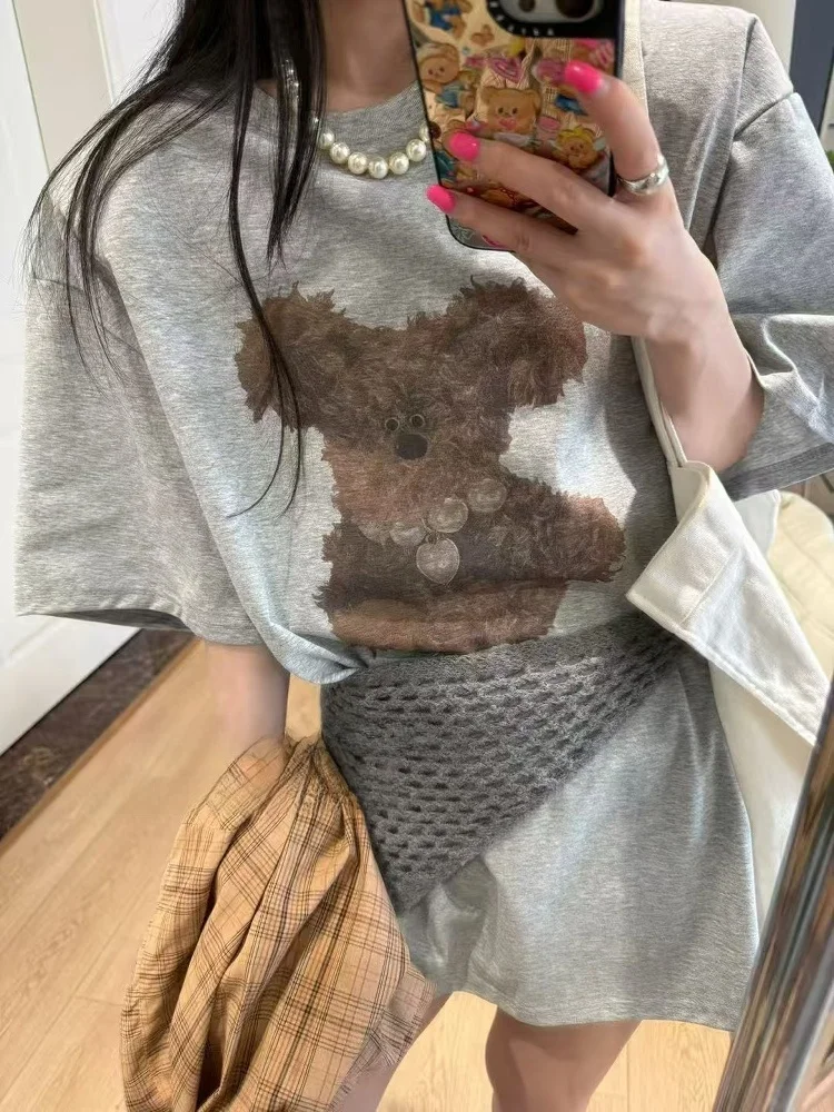 

Loose Korean Sle Summer New Arrival T-irt Cartoon Dog Pad oulder ort Sve Lazy Sle Versatile Casual Cotton Top
