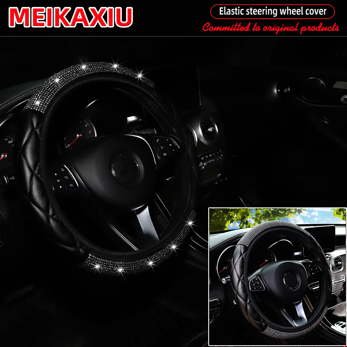 A Soft PU Leather Diamond-Encrusted Sparkling Car Elastic Steering Wheel Cover Without Wheels, Suitable for Women of 37-38cm
