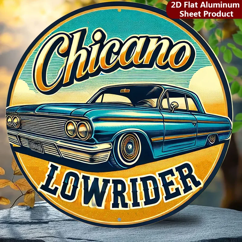 2D Flat, 1pc,Classic Car Round Sign,Chicano Culture Vintage Decorative Plaque,Lowrider Porch Decorations,Wall Decorations,Home D