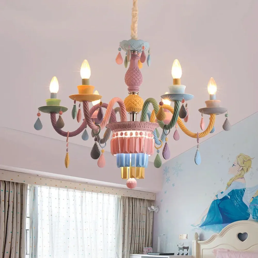 Modern Macaron Colorful Crystal Chandelier Rainbow Candle Lustres American Girl Princess Children Room Luminaire Light Fixtures