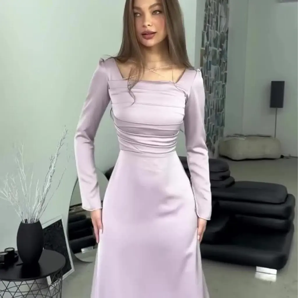 Spring Women's Slim Fit Satin Dress with Diamond Straps Long Sleeve Elegant Fashionable Women's Clothing