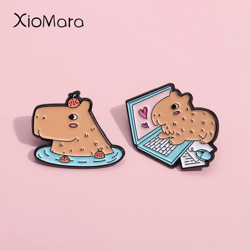 Cute Orange Swimming Circle Capybara Enamel Pin Custom Couple Water Porpoise Brooches Lapel Badges Jewelry Gift For Love Friends
