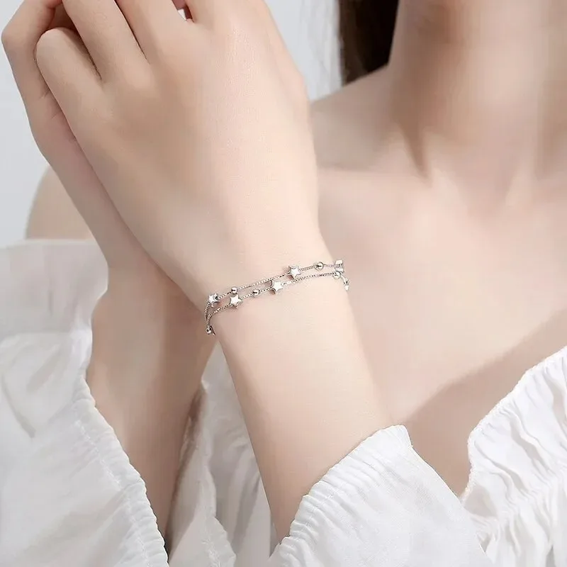 925 فضة ستار أساور للنساء الأزياء الكورية الخماسية مزدوجة الطبقات سحر سوار المجوهرات الأصلية الفاخرة