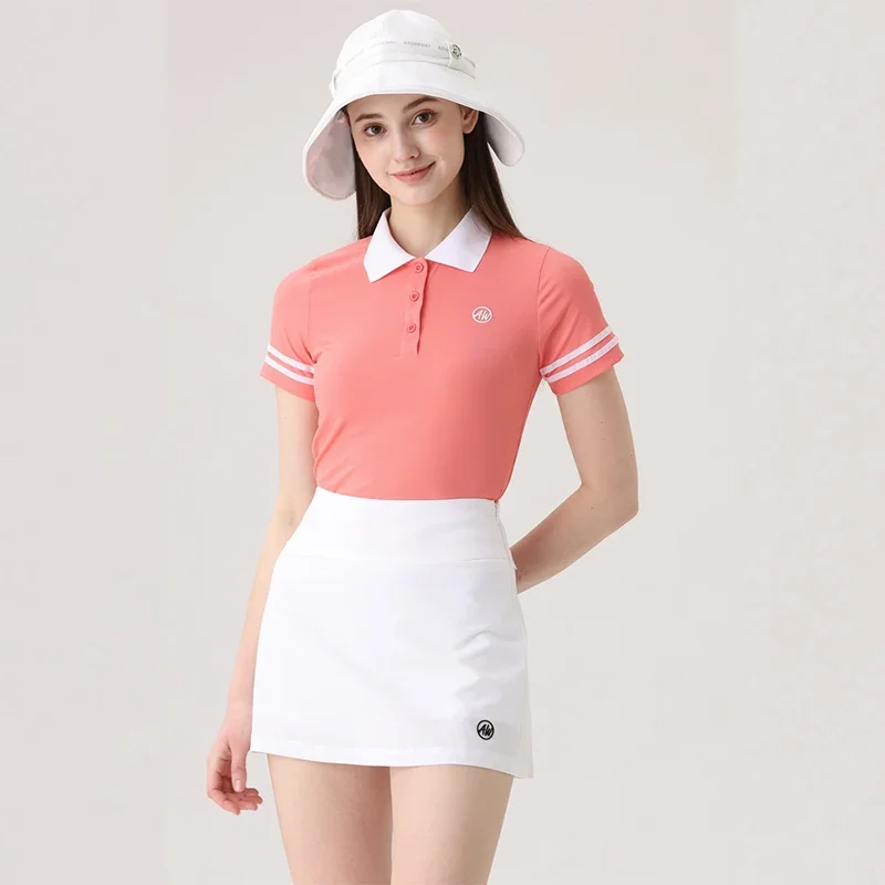 Azureway Women Short Sleeve T-shirt Breathable Elegant Tops Ladies High Waist Skirts Leisure Pleated Golf Skort with Inner Short