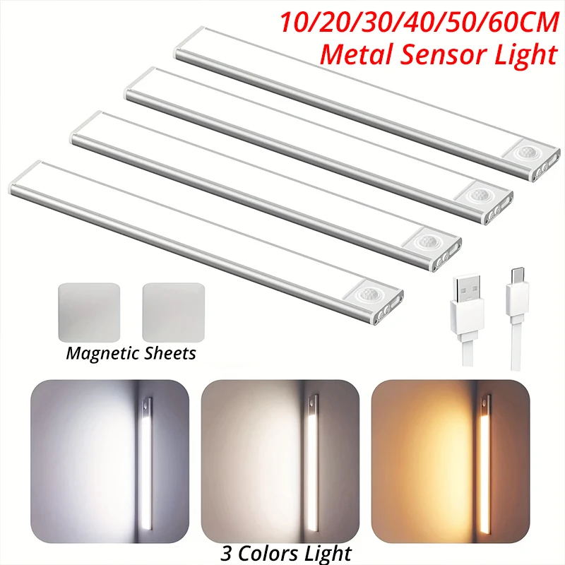 10-60 سنتيمتر محس حركة أضواء تحت الكابين اللاسلكية USB قابلة للشحن ضوء الليل 3 ألوان داخلي خزانة مصباح إضاءة غرفة النوم